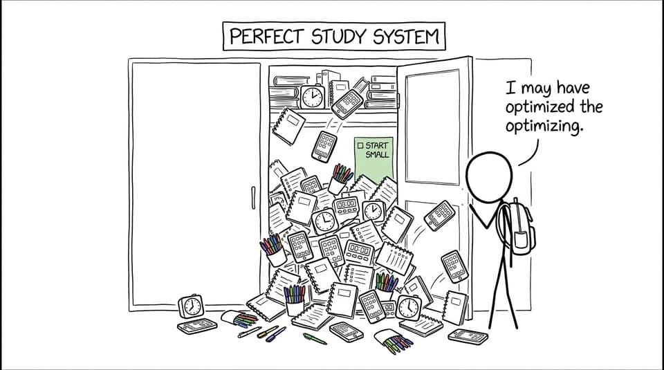 A supposedly perfect study system escapes from a closet while a tiny checklist recommends starting small