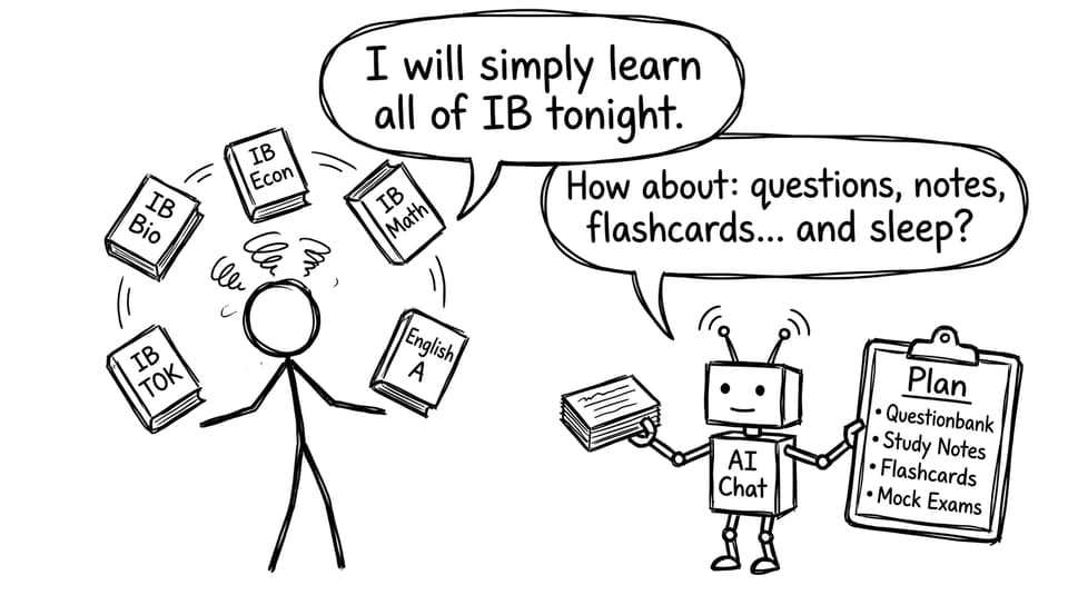 Student juggling all IB subjects while AI suggests a plan and sleep