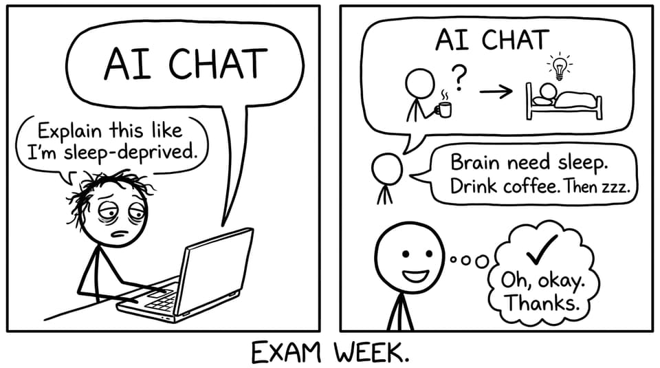 Stick figure asking AI Chat to explain like they’re sleep-deprived