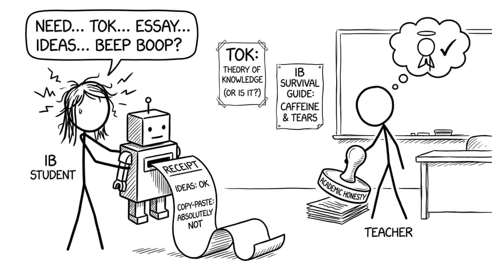 A stick-figure TOK student negotiating with a robot about ideas vs copy-paste