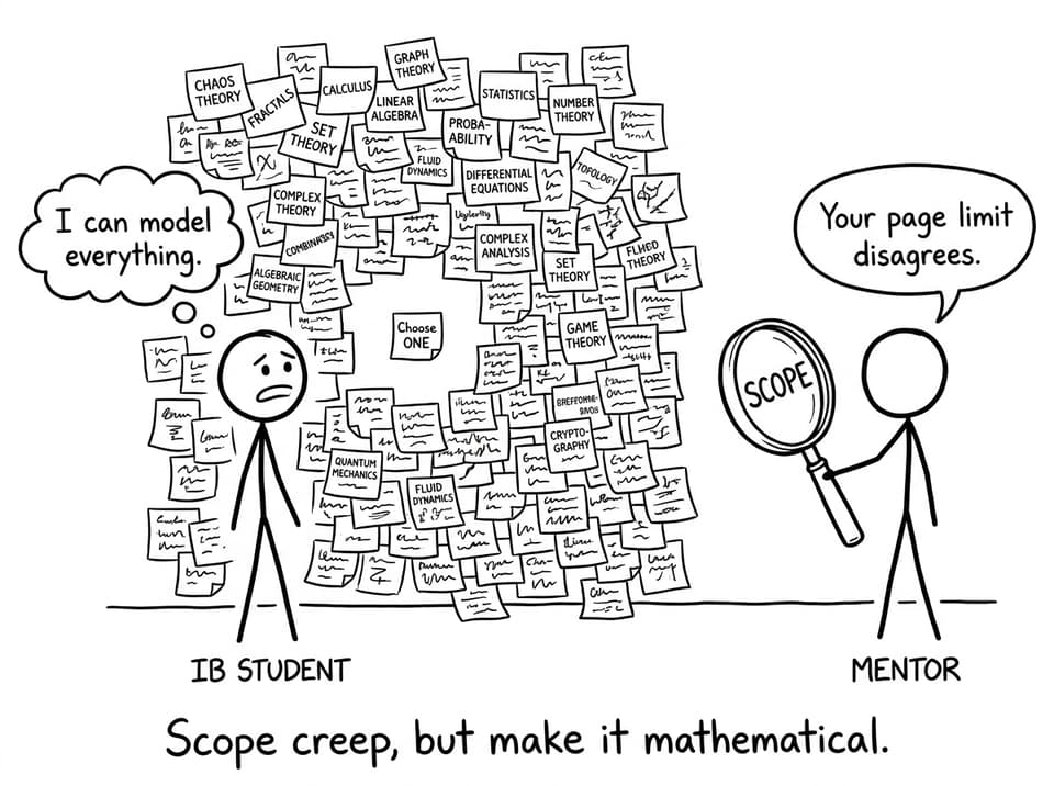 Stick-figure comic about scope creep in an IB Math IA