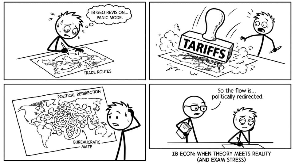 A tariff stamp rerouting world-map arrows into a maze
