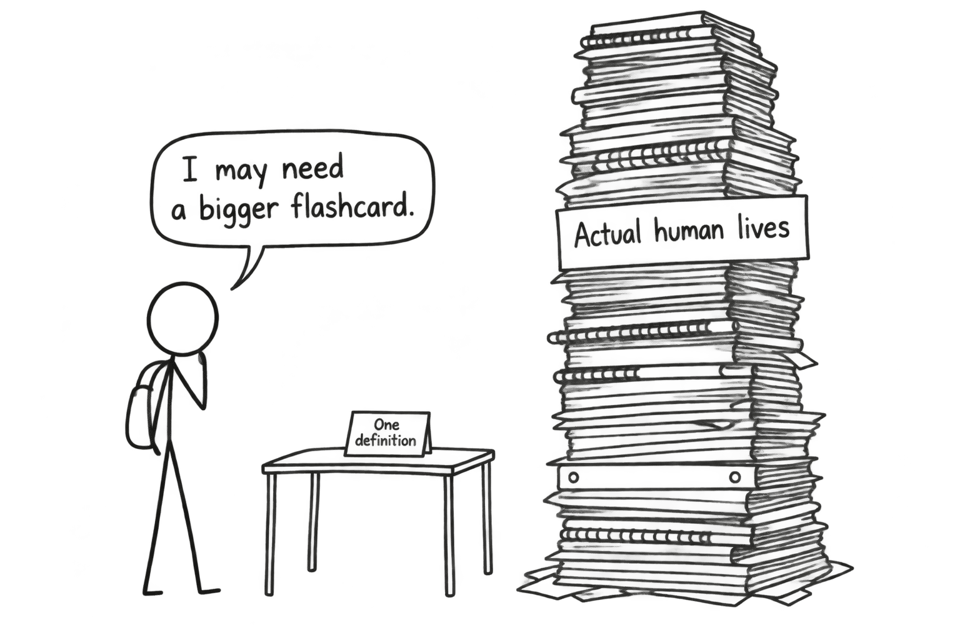 A student compares one small definition card with a towering stack representing the complexity of human lives.
