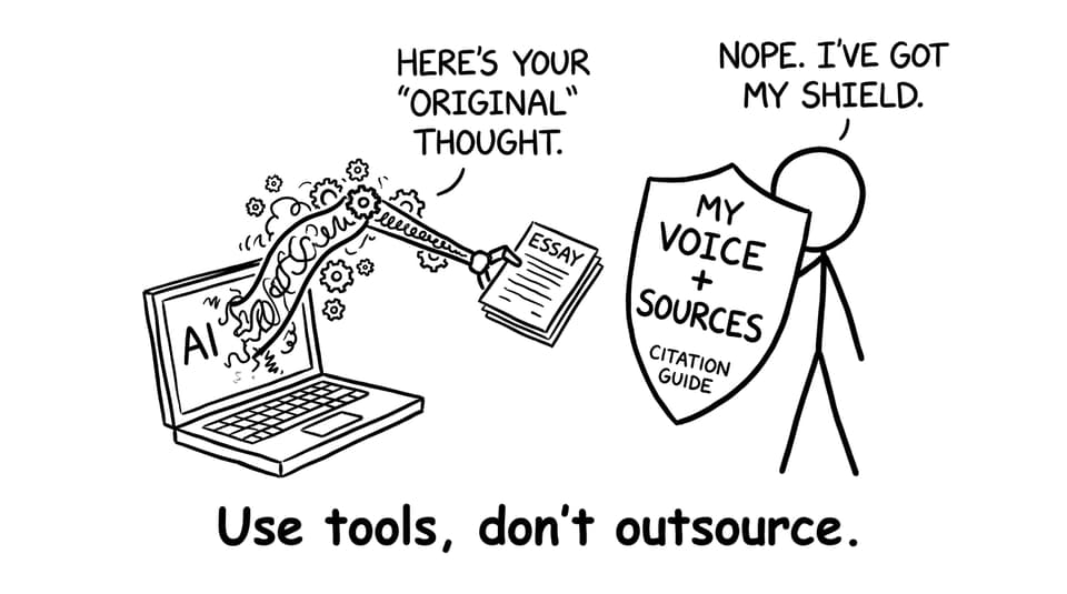 A robot handing in an essay while the student holds a citation shield
