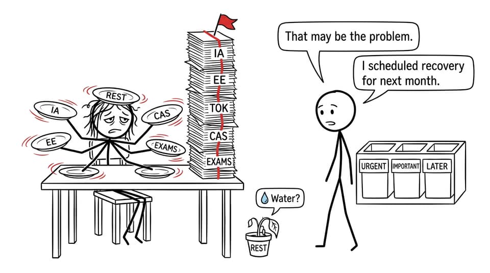 Comic about an IB student juggling IA, EE, TOK, CAS, exams, and neglected rest