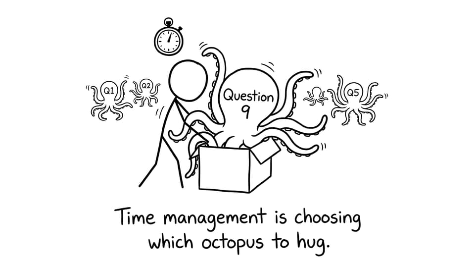 A stopwatch student tries to hug an octopus labeled Question 9