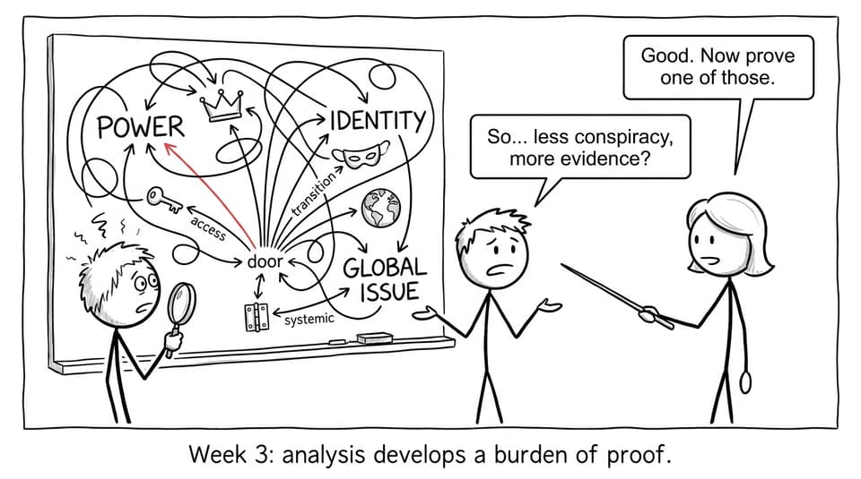 Comic about an IB English student learning to prove interpretations with evidence