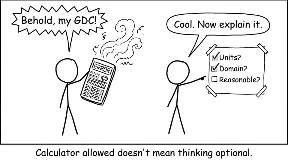 Calculator as magic wand showing ERROR while checklist demands explanation