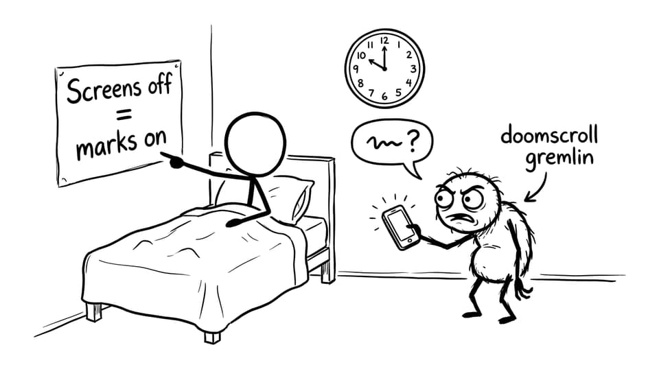 Doomscroll gremlin at bedtime