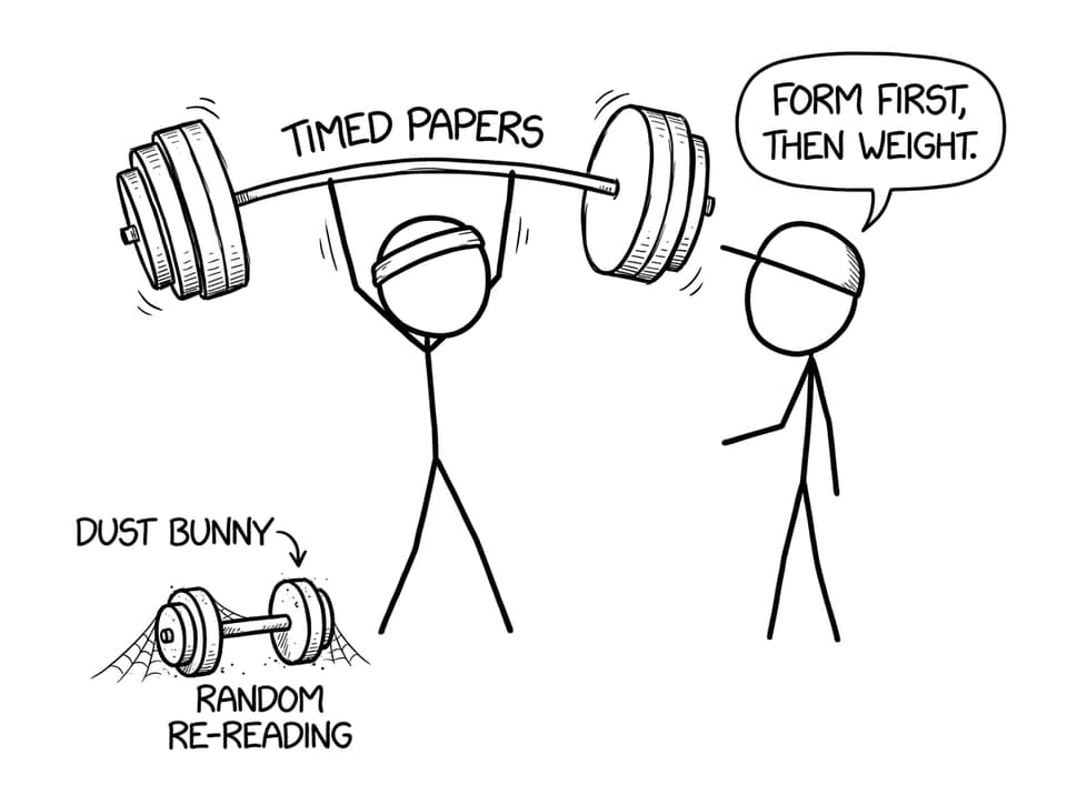 A stick figure lifting a barbell labeled “Timed Papers”; “Random re-reading” gathers dust