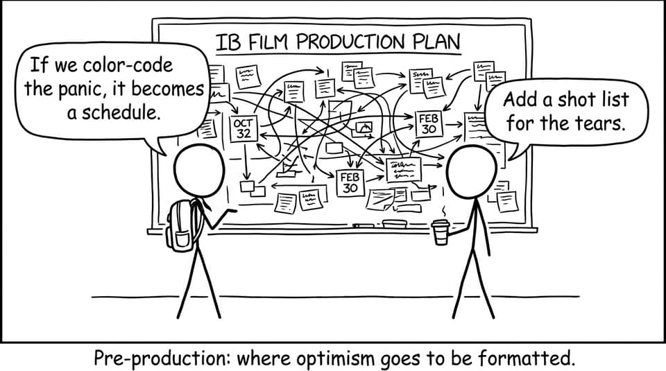 Two IB students at a whiteboard planning chaos