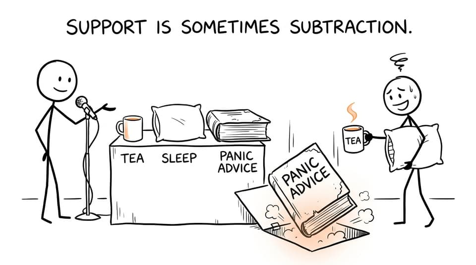 A student chooses tea and sleep while unhelpful panic advice disappears
