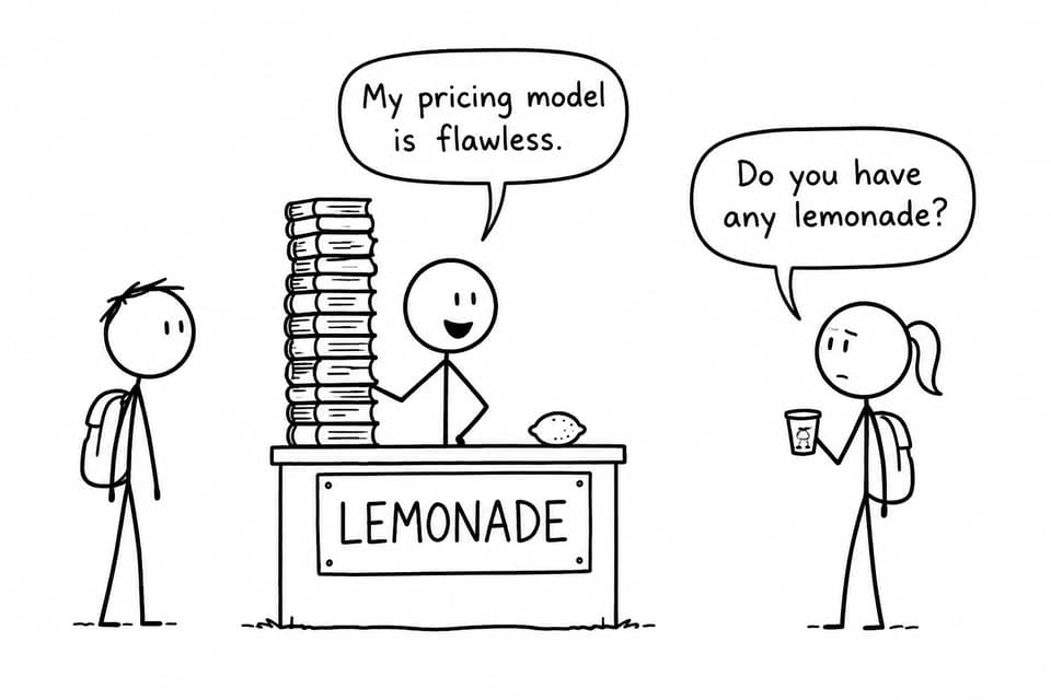 A lemonade seller defends a flawless pricing model while a customer asks whether any lemonade exists