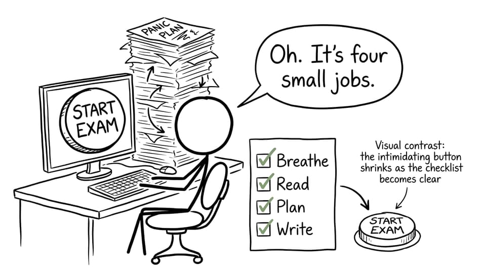 A student discovers that an intimidating exam can be approached as four small jobs: breathe, read, plan, and write