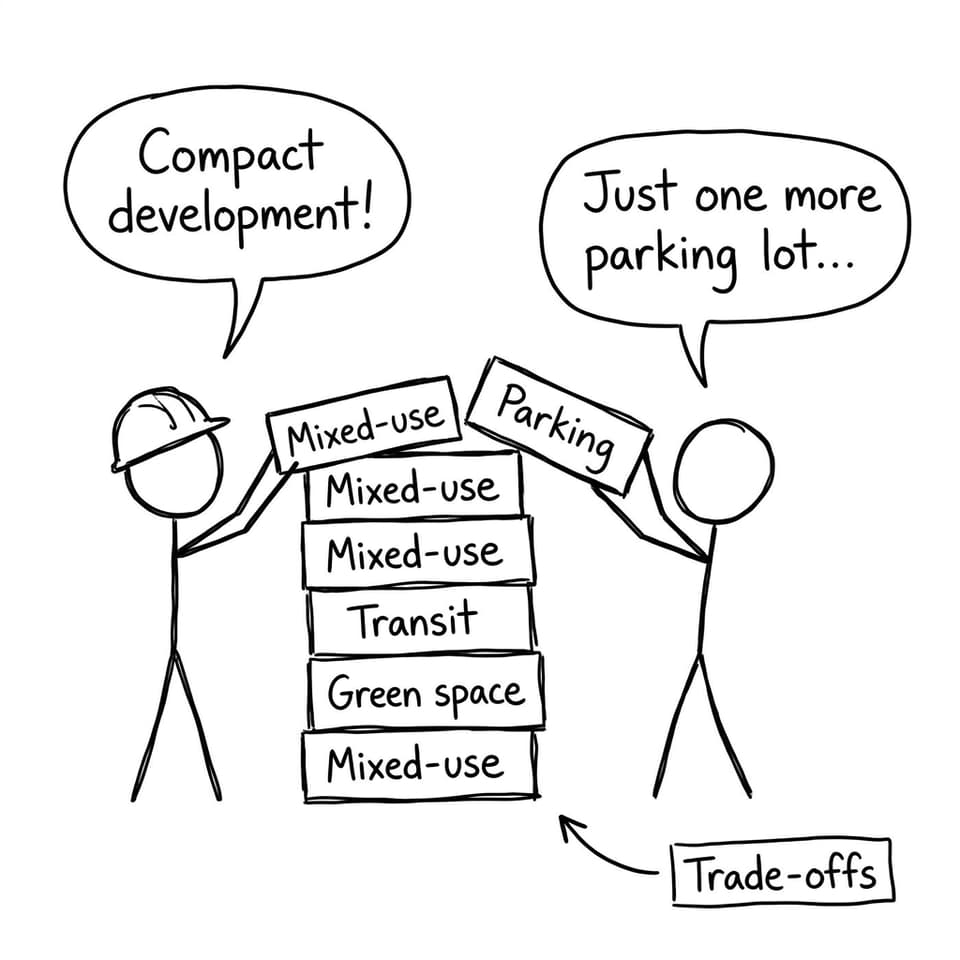 Two stick figures stack “sustainable city” blocks while “Parking” tips it over