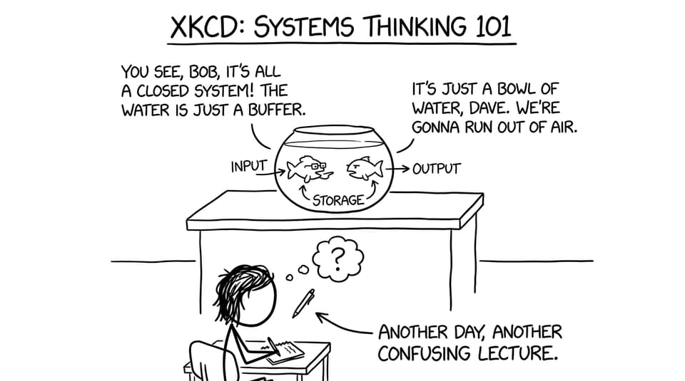 Two fish argue about “systems thinking” while a student panics