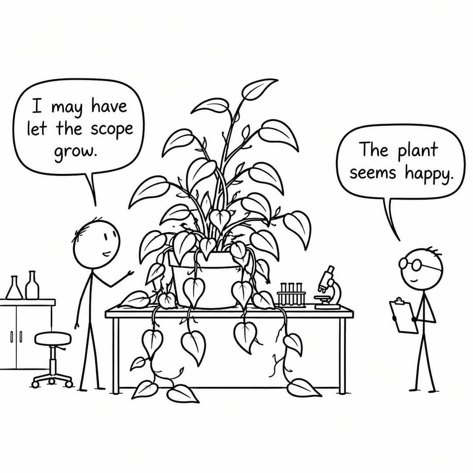 A student admits that the scope has grown while an enormous plant fills the laboratory and a supervisor observes that the plant seems happy.