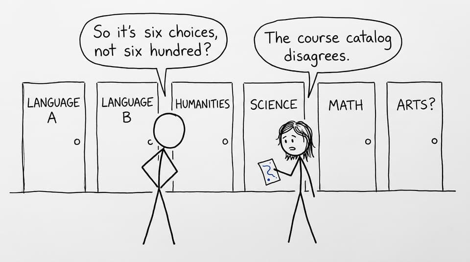 A parent and student face six subject doors while trying to decode an oversized course catalog