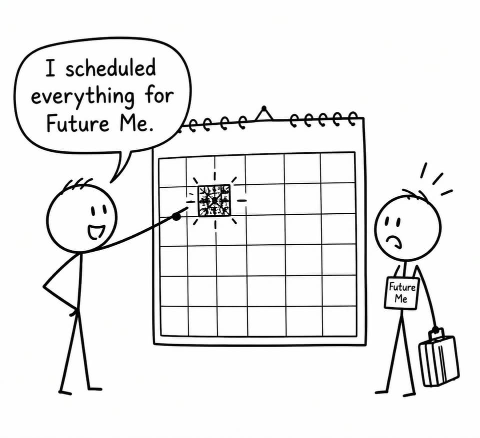 Two students beside a crowded calendar, with one student introducing an alarmed future version of themselves