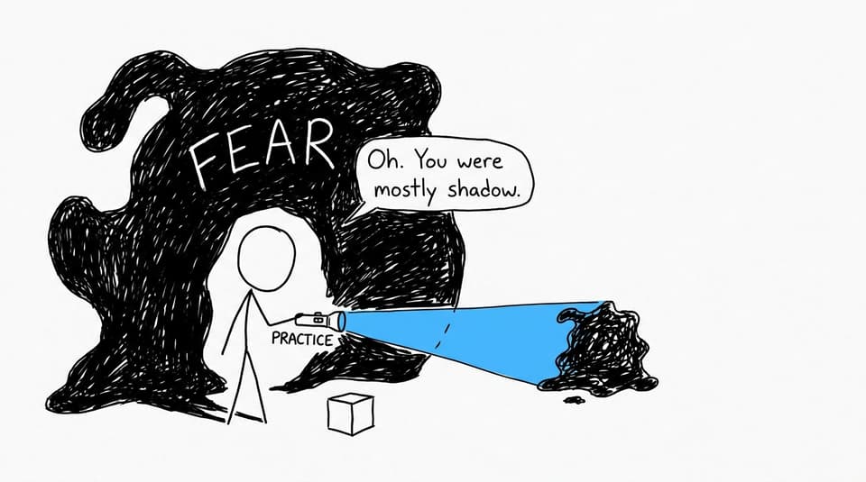 Comic showing practice shrinking the shadow of physics fear