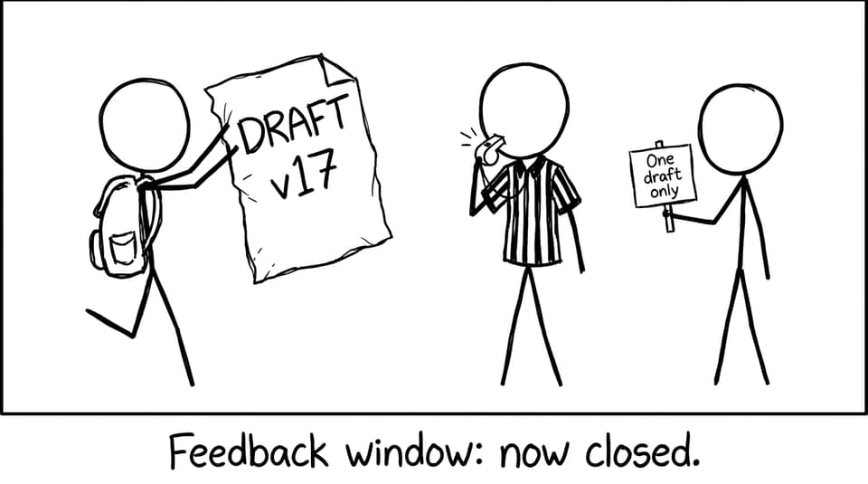 Student holding Draft v17 vs one-draft rule