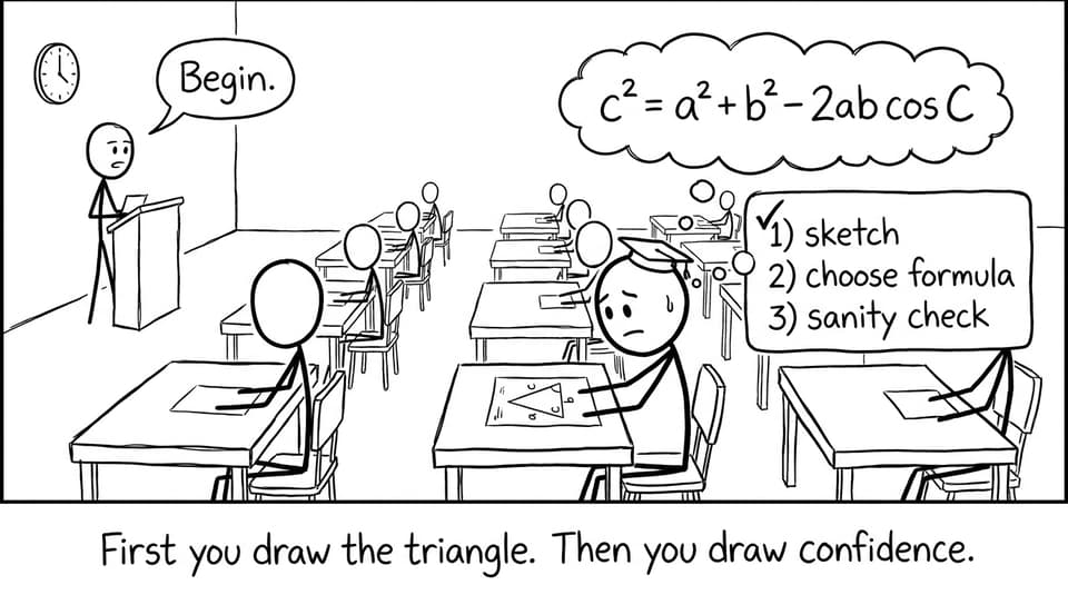 Exam hall cosine rule thought bubble