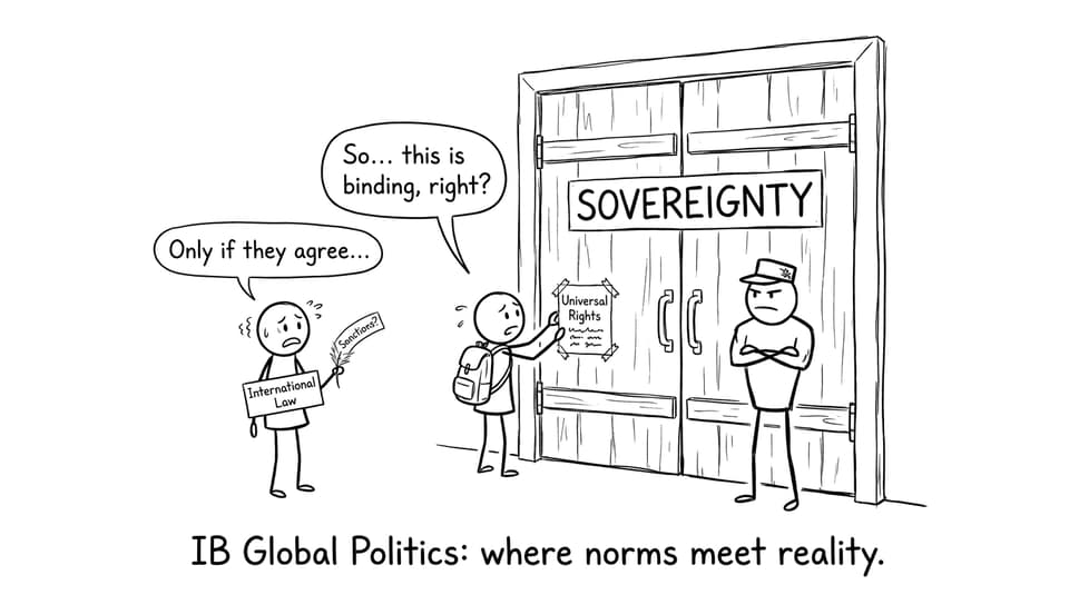 A student tries to tape “Universal Rights” onto a door labeled “SOVEREIGNTY”