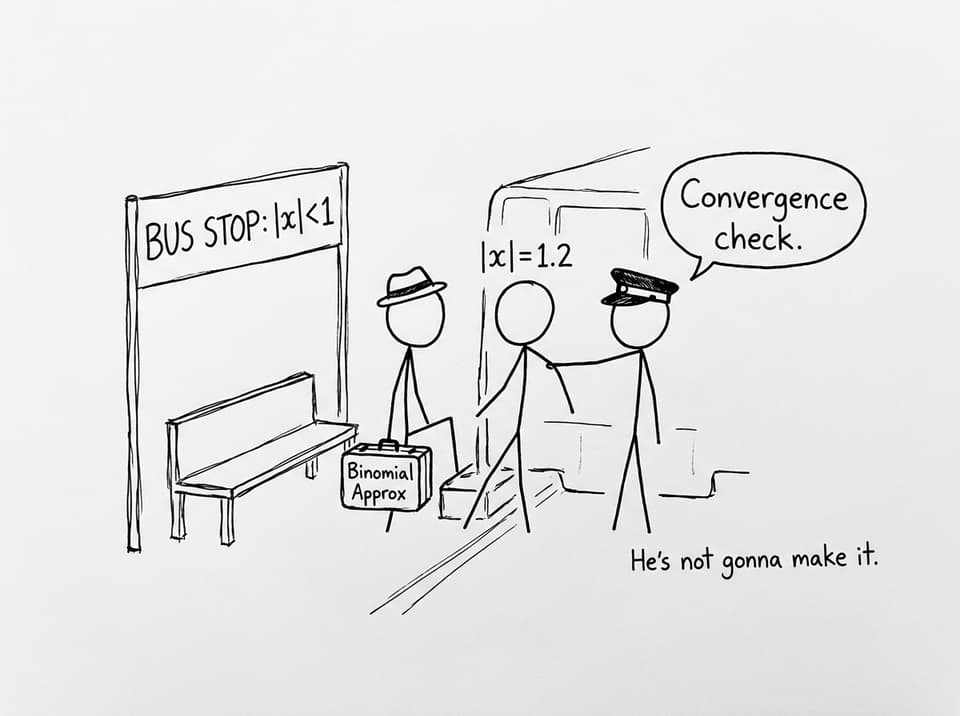 Bus stop labeled |x|<1 blocks the overconfident student
