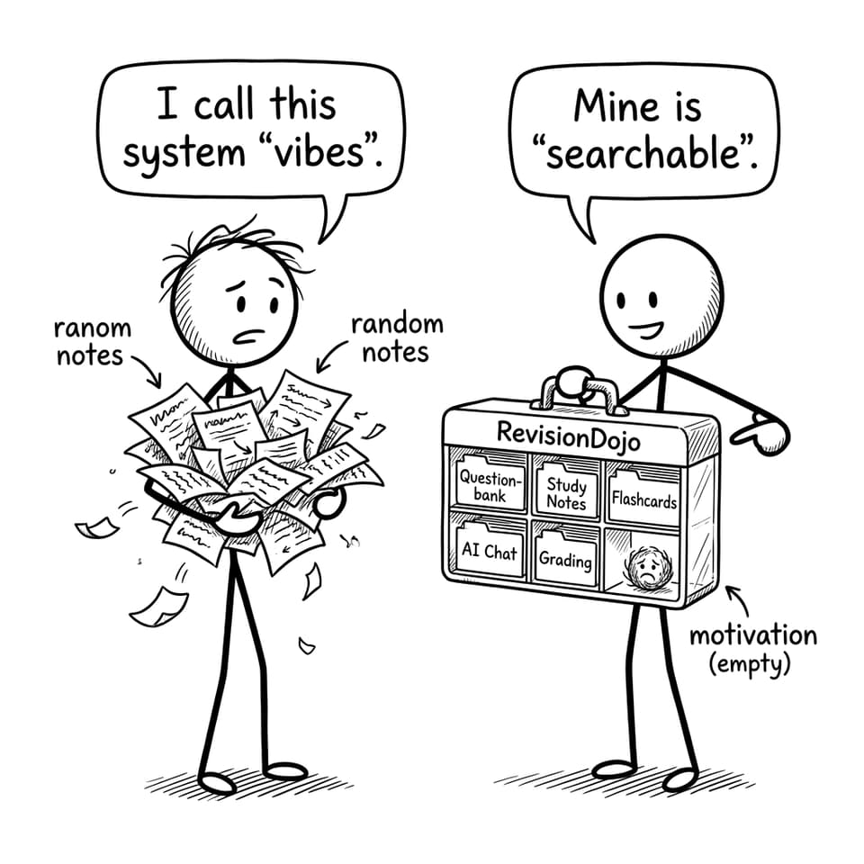 Two students comparing random notes vs RevisionDojo toolbox