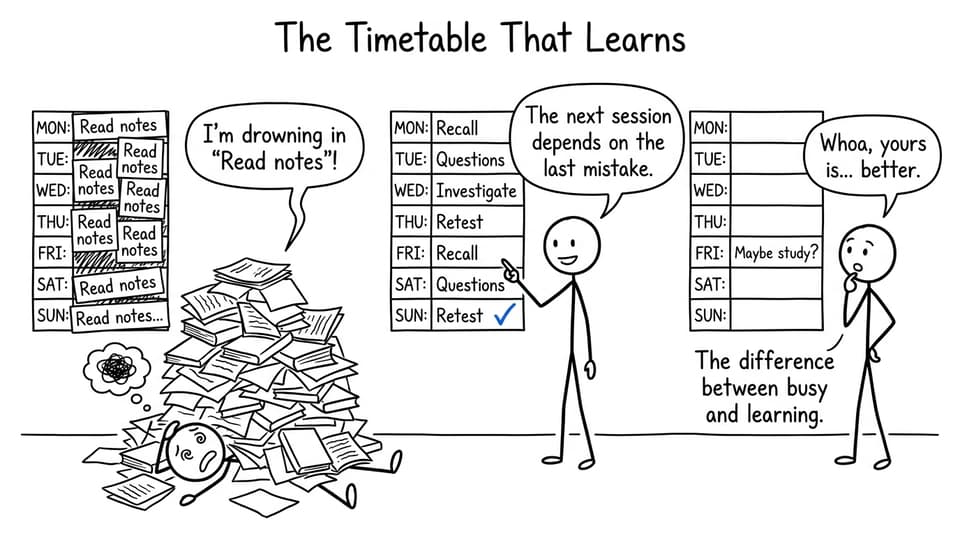 XKCD-style comic showing a revision timetable responding to a student's mistakes