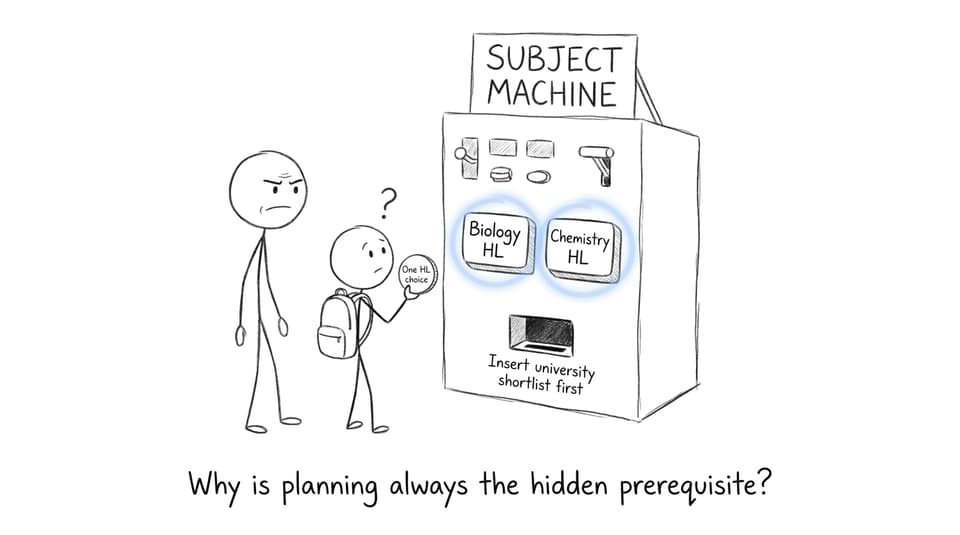 An IB student and parent consulting a suspicious subject-selection machine