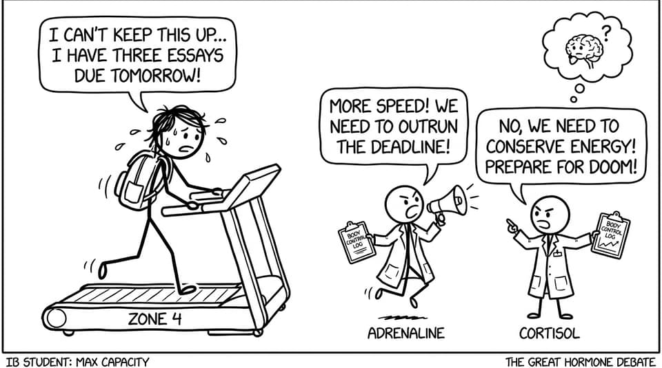 Stick-figure hormones arguing over a treadmill