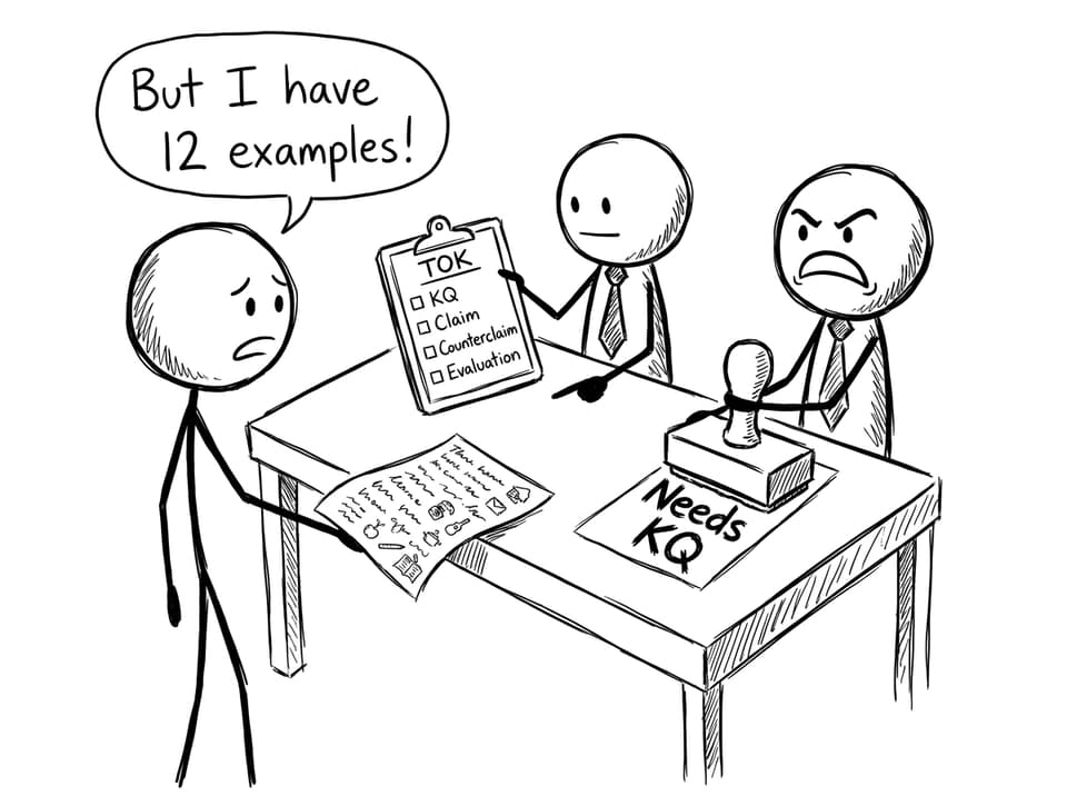 An examiner stamps “Needs KQ” on an example-only essay