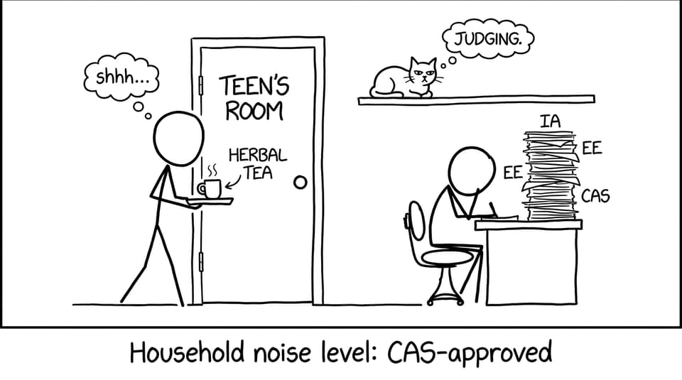 A parent tiptoes with tea past the IA/EE/CAS mountain