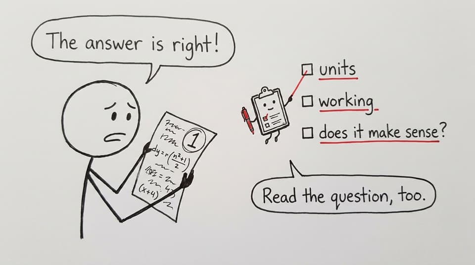 A student and a checklist debate whether a correct answer has answered the whole question