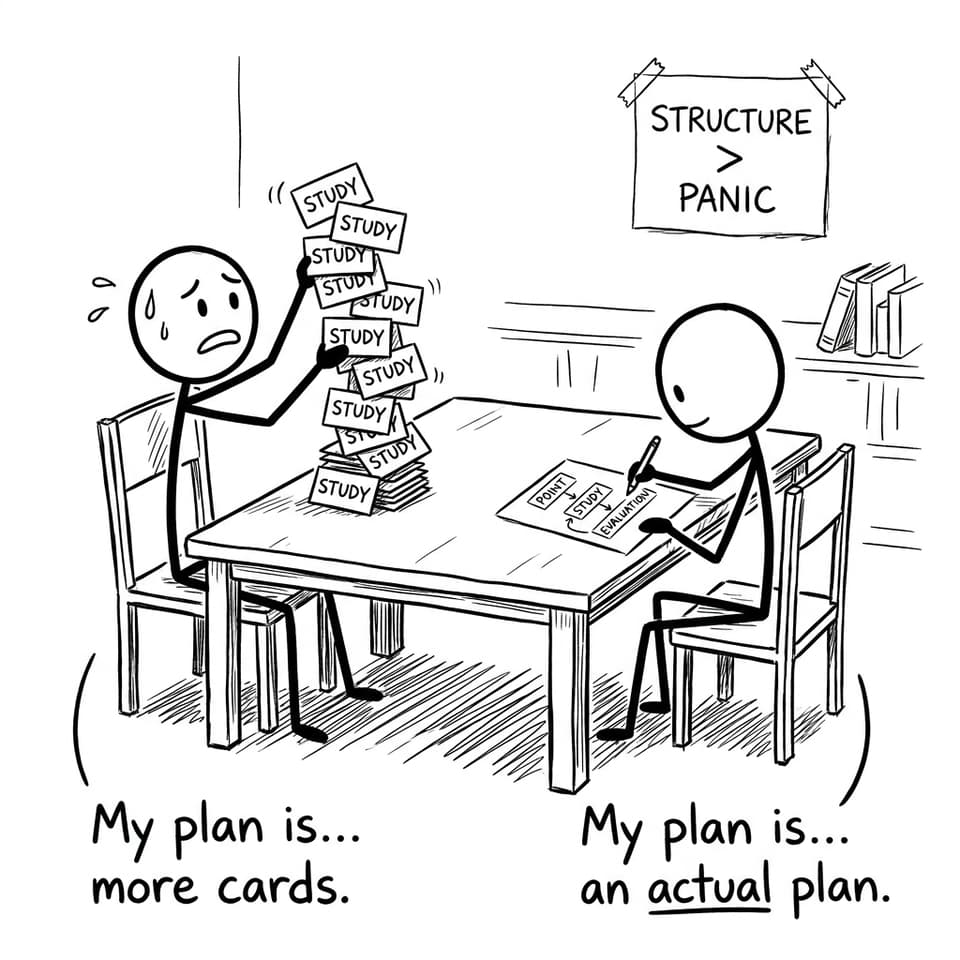 Two students: flashcard tower vs essay plan