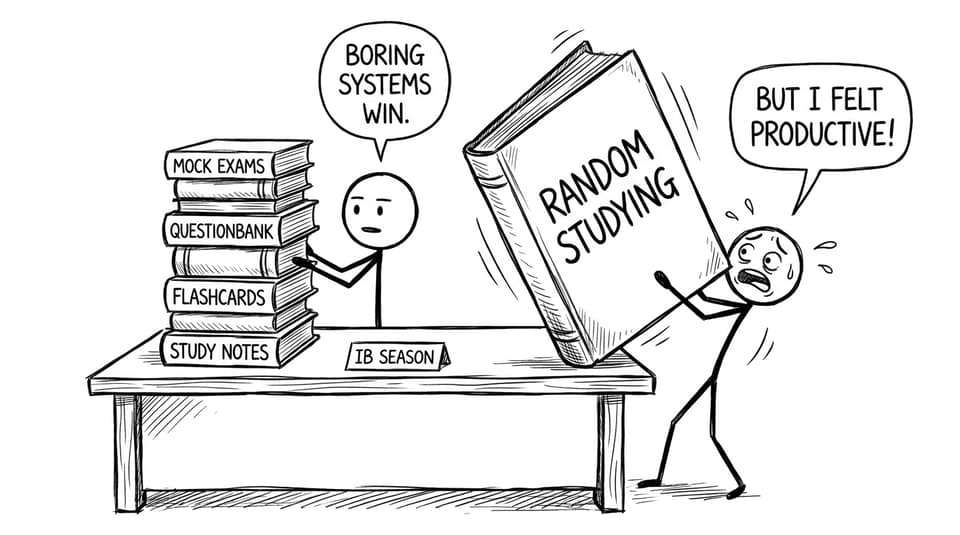 Stick-figure comic about systems vs random studying
