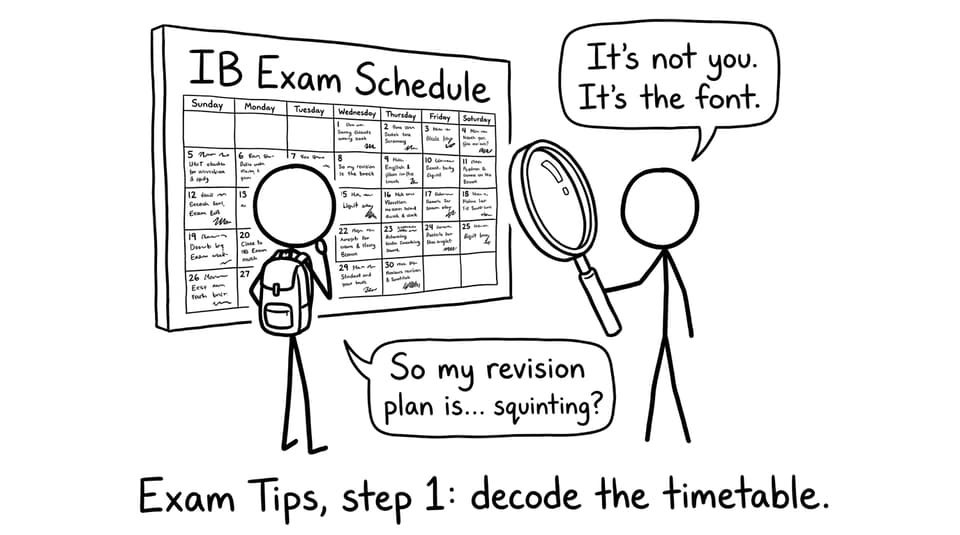 Student squinting at IB schedule comic