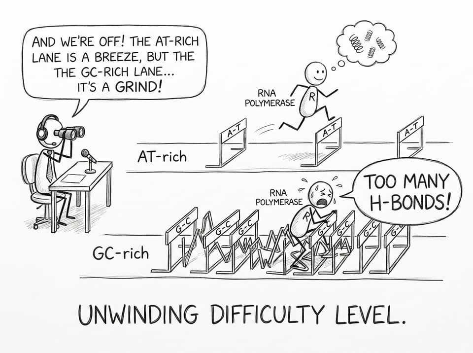 RNA polymerase racing on AT vs GC track (XKCD style)