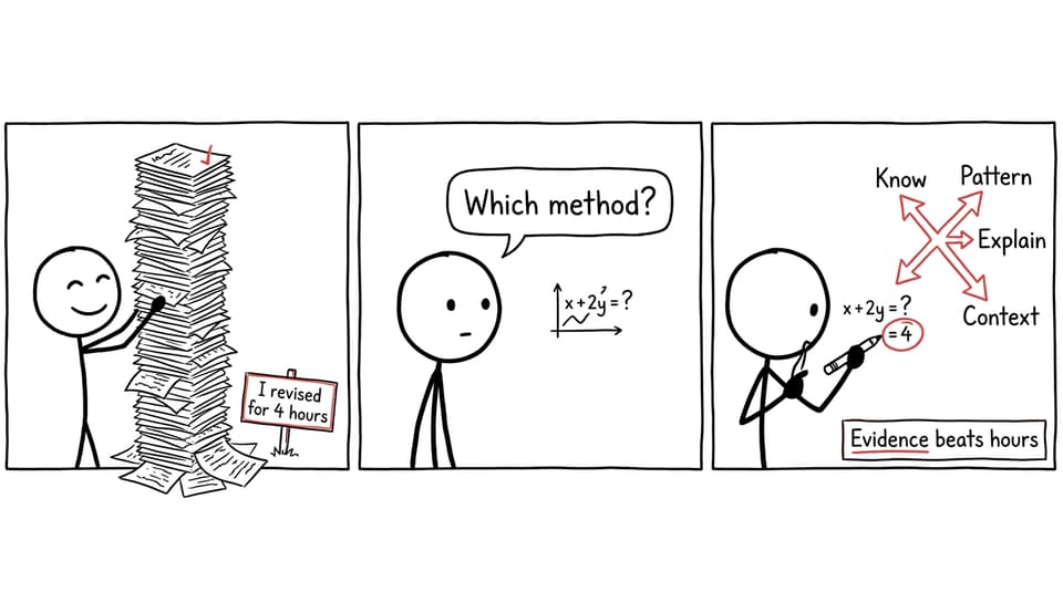 XKCD-style comic showing why evidence of mathematical skill matters more than hours spent revising