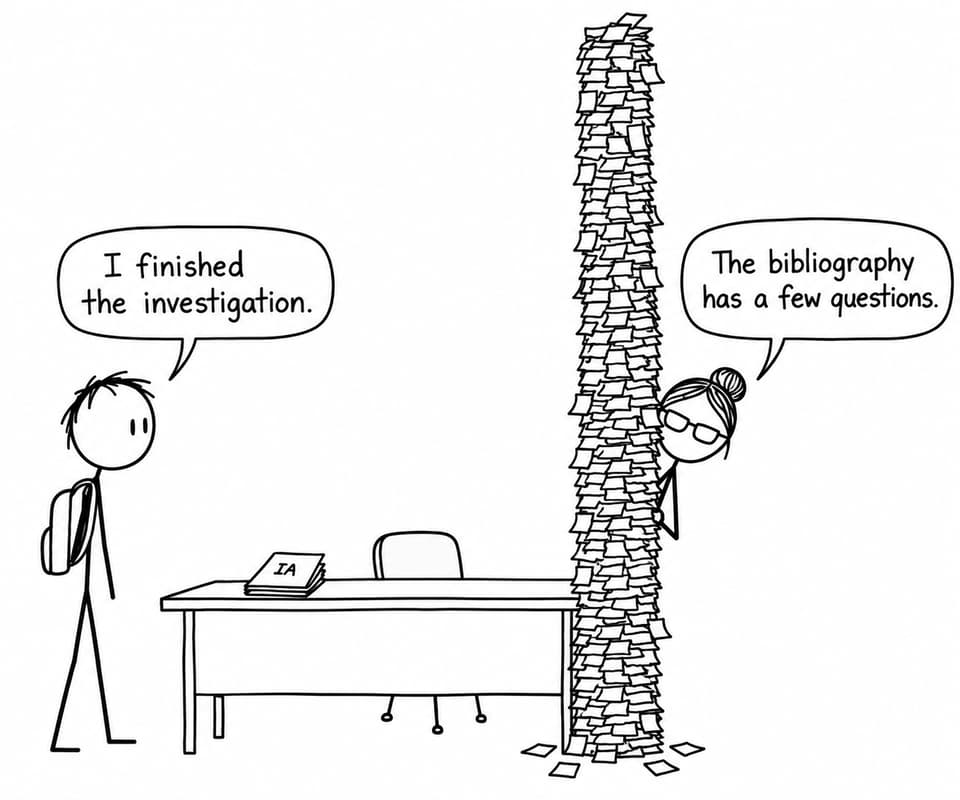 A student with a finished IA faces an enormous stack of bibliography notes while a librarian asks a question.
