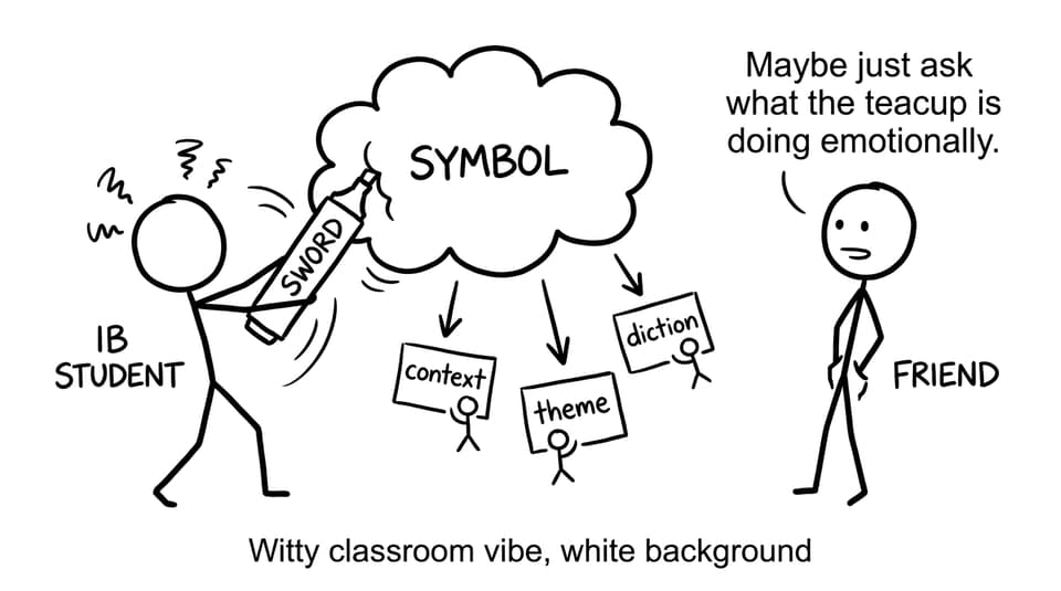 Stick-figure student fights a giant SYMBOL cloud