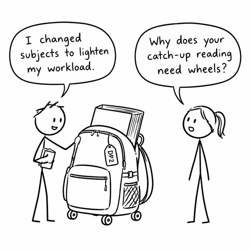Two students consider the unexpectedly large catch-up workload created by a DP2 subject change