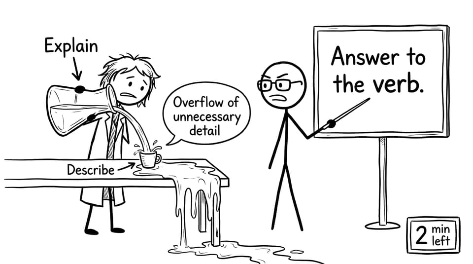 Lab beaker joke about explain vs describe overflowing detail