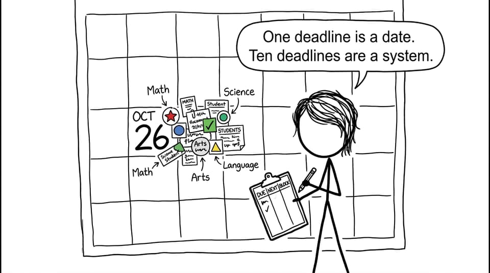 XKCD-style comic showing an MYP student turning many subject deadlines into a simple system