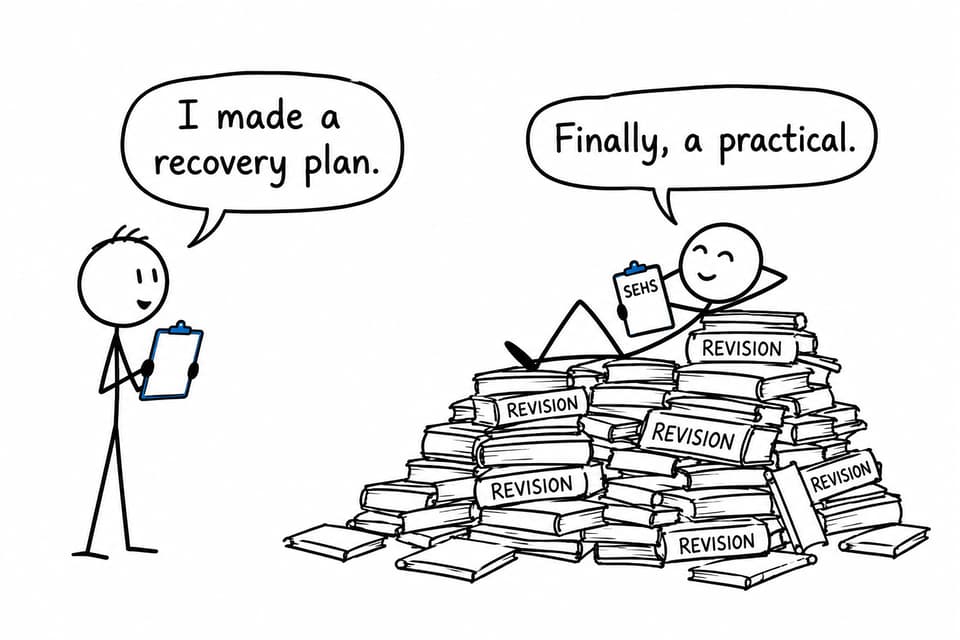 A student presents a recovery plan while another relaxes on a large pile of SEHS revision books.