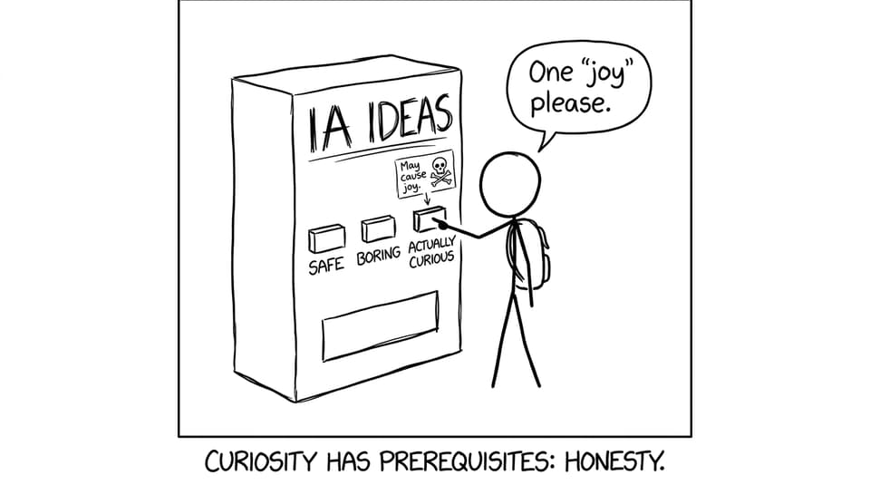 A vending machine of IA ideas with a “May cause joy” button