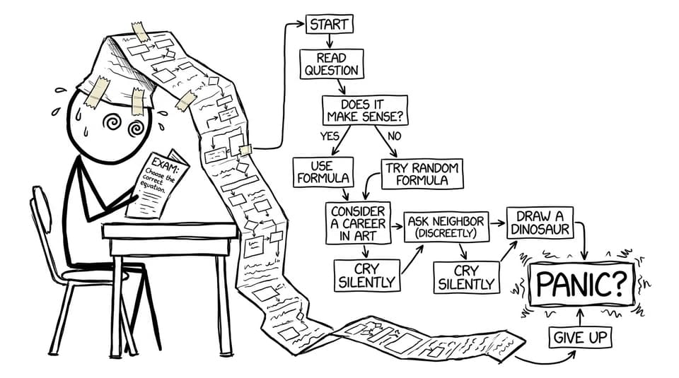 Exam paper asks for equation; student has a brain flowchart ending in 'Panic?'