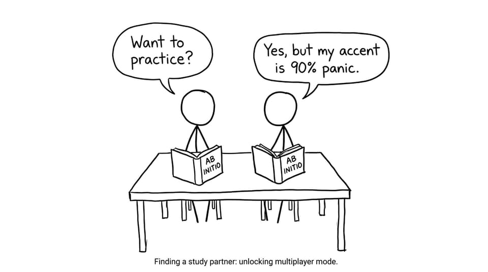 Two IB students practicing ab initio with panic-accent joke