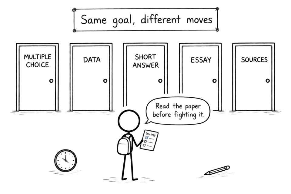A student choosing between five exam doors while holding a strategy checklist
